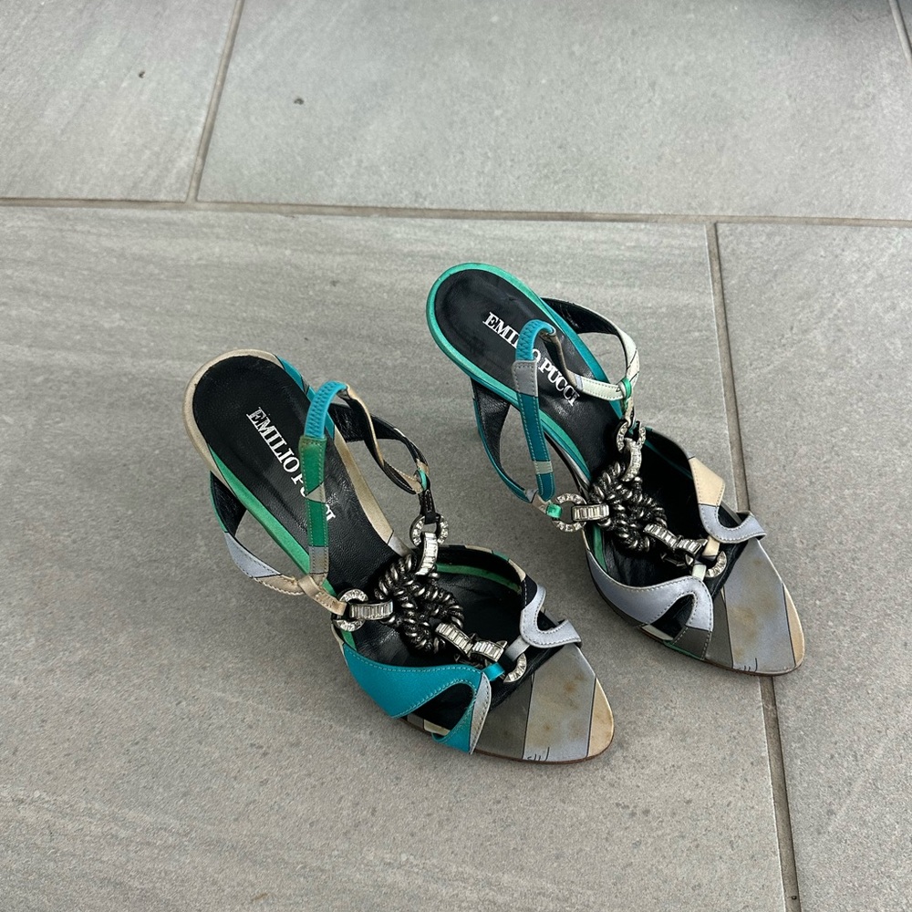 Vintage Emilio Pucci Teal & Multi Leather Open-Toe Sandals
